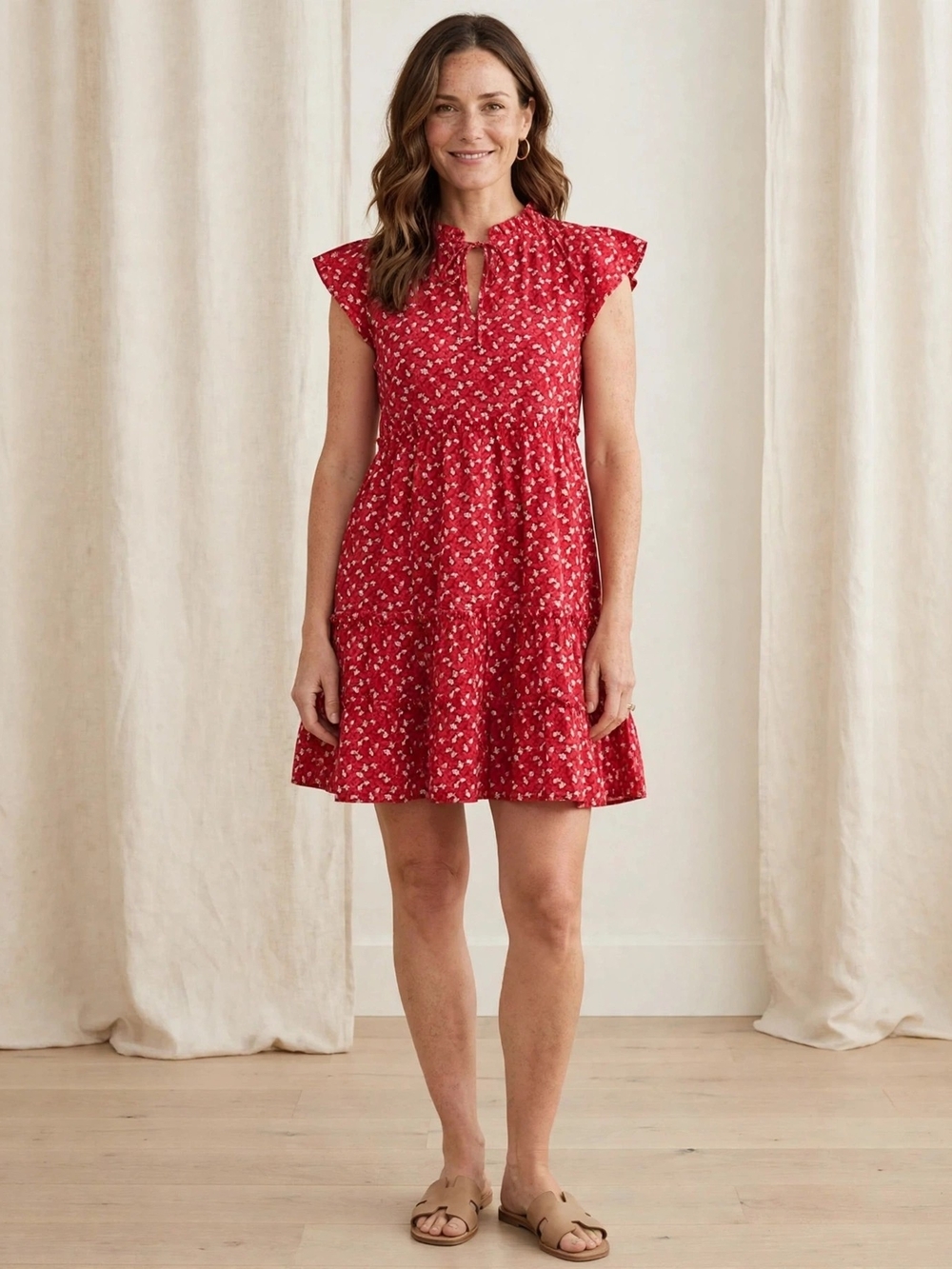 Time and Tru Red Floral Tiered Mini Dress Flutter Sleeve Tie Neck Size L